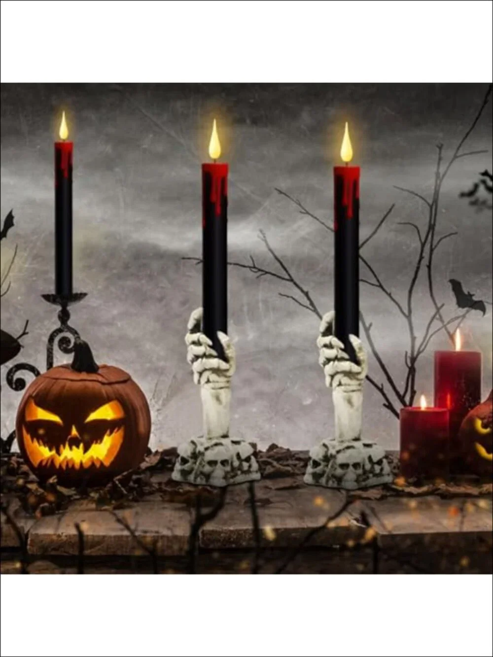 Flameless Taper Candles with Ghost Hand Holders Remote Timer 3D Flame Halloween_4